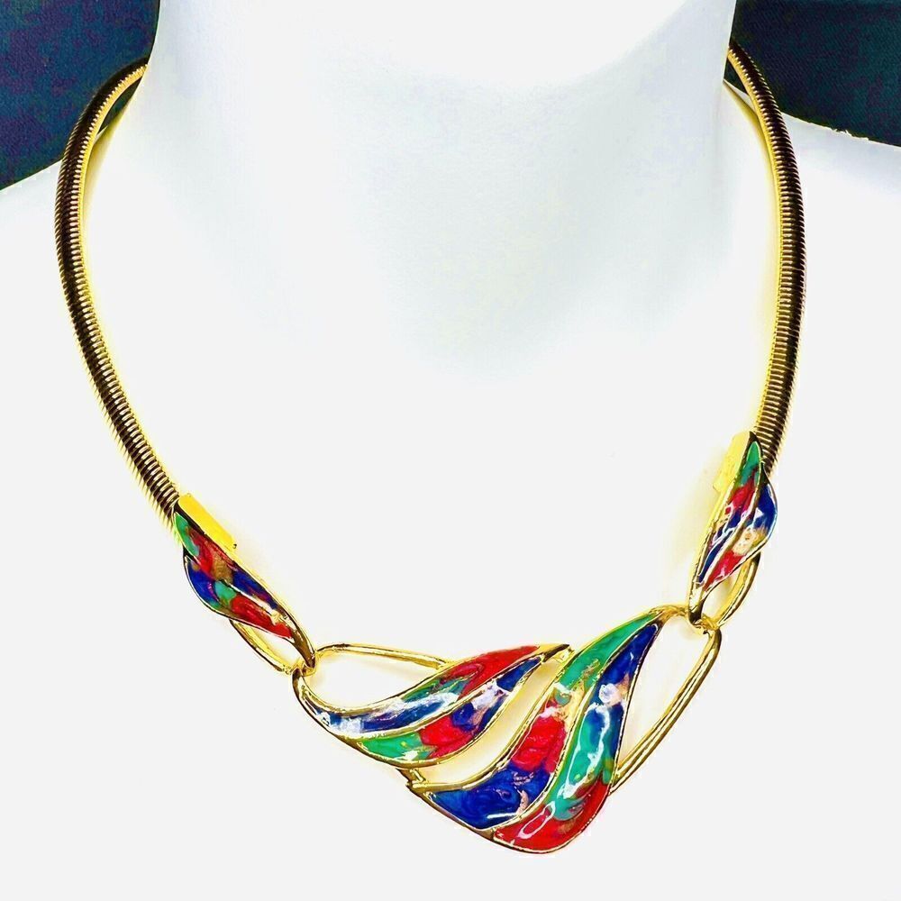 Vintage Chocker Collar Enamel Green Pink Blue Gold Thick Snake Necklace 4157
